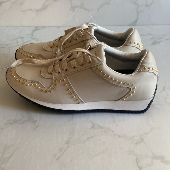 New Rebecca Minkoff Leather Devine Lace Up Sneakers Cream Gold Metal Women's 8 - Picture 5 of 8